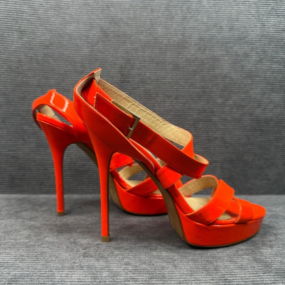 Jimmy Choo‎ Vamp Neon Orange Patent Leather Platform Sandals Stiletto Heels 38